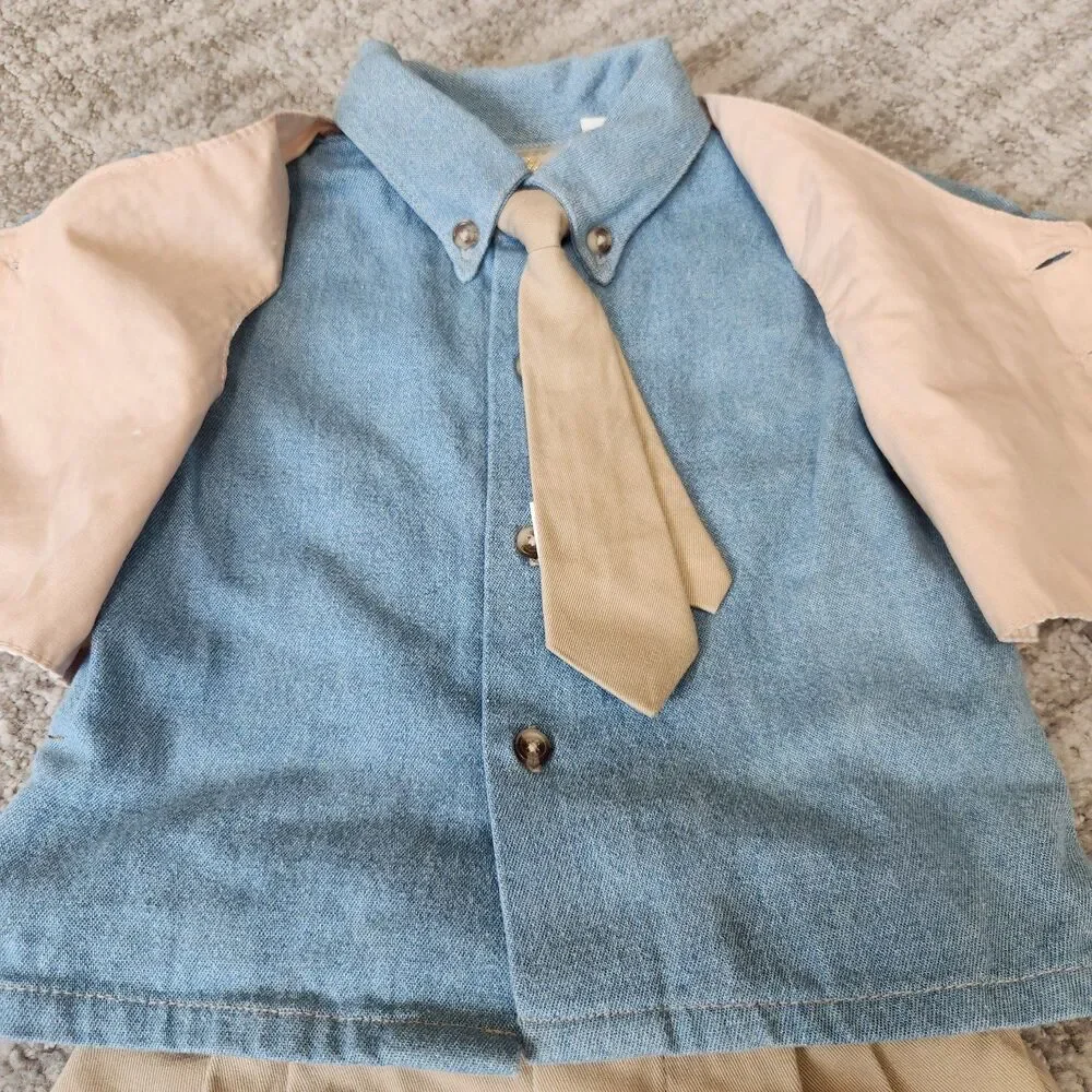 Little Bitty boys 4 piece outfit denim seersucker khaki size 3-6 months